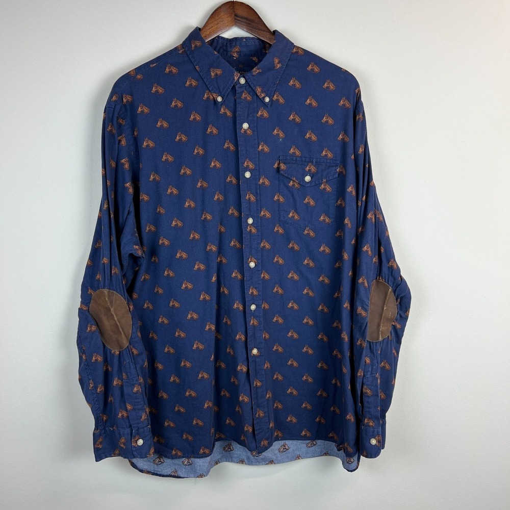 Ralph Lauren Horse Equestrian Button Down Shirt Men XXL Elbow Patches Navy Brown